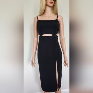 JUST QUELLA BLACK CUTOUT SPAGHETTI STRAPS FITTED PARTY CLUBBING MIDI DRESS